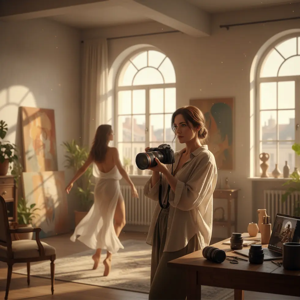 Creative professional photographing sensual photos with camera equipment