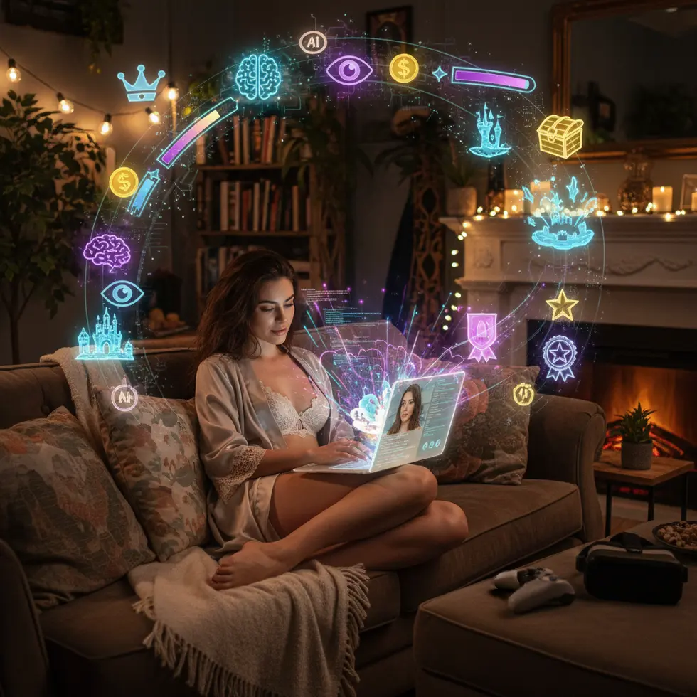 Sensual adult content creator working with holographic AI and virtual reality interfaces at home