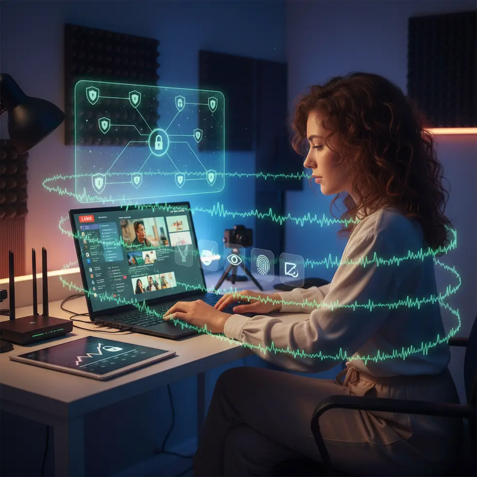 Setup informativo de segurança digital com criador de conteúdo adulto trabalhando, ícones de rede segura e elementos de privacidade