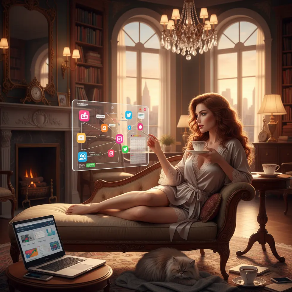 Alluring adult content creator planning social media strategy in warm light setting